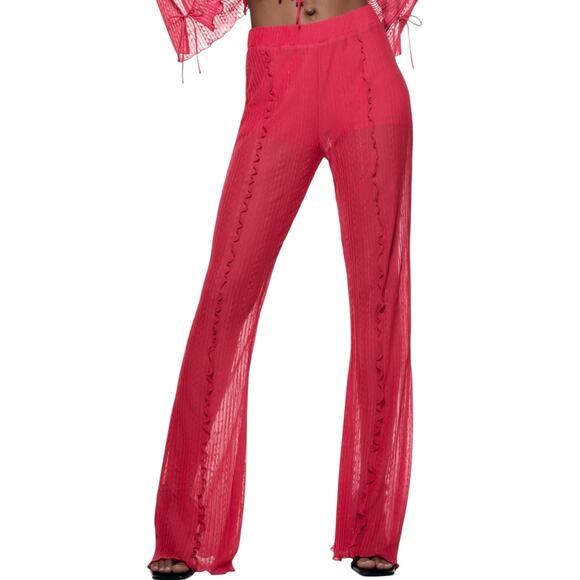 Zara Pink Ribbed Ruffle Plucks Sheer Cover Up Pants - Picture 2 of 12